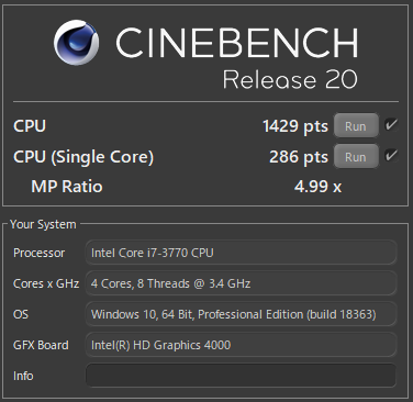 Core i7にCPU交換したDELL Optiplex3010でCINEBENCH R20を実行